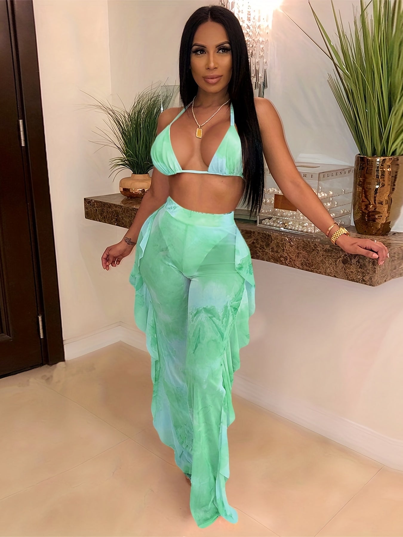 Sexy Tie Dye Matching Two-piece Set, Crop Halter Top & Fringe Hem Pants Outfits, Women's Clothing