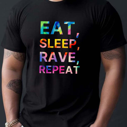 Eat Sleep Rave Repeat Letter Print Men's Summer Short Sleeve Crew Neck Tees, Breathable Polyester Fabric T-shirt, Casual Comfortable Versatile Top For Everyday Wear