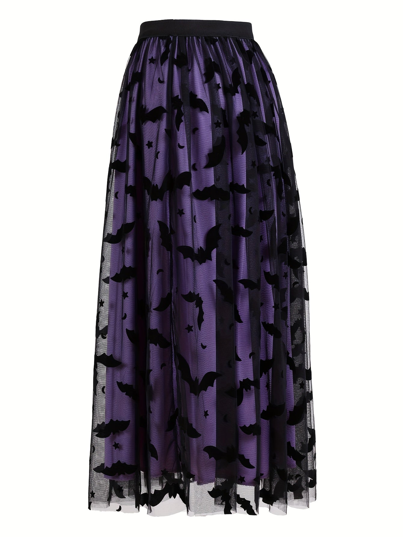Plus Size - Elegant Plus Size Purple Tulle Skirt with Black Bat Print - Mid-Length, Flowy Design, Perfect for Casual or Formal Occasions, Formal Occasion Skirt | Bat Print Skirt | Polyester Fabric