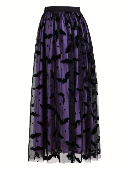 Plus Size - Elegant Plus Size Purple Tulle Skirt with Black Bat Print - Mid-Length, Flowy Design, Perfect for Casual or Formal Occasions, Formal Occasion Skirt | Bat Print Skirt | Polyester Fabric