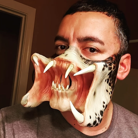 1pc Men'S Horror Warrior Mask - Realistic Open-Mouth Design with Sharp Teeth, Natural Latex Halloween Costume Mask for Cosplay, Horror Parties, Street Dance - Lightweight & Durable Horror Movie Prop for Adults, Halloween Mask
