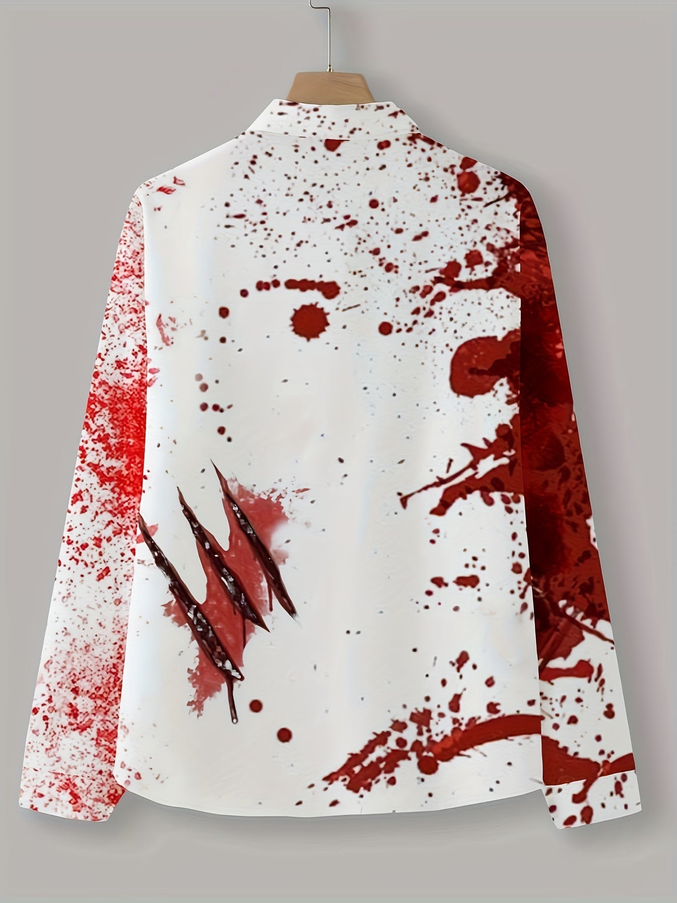 Scary Blood & Handprint Pattern Men's Long Sleeve Lapel Shirt, Men's Halloween Style Clothing For Spring Fall