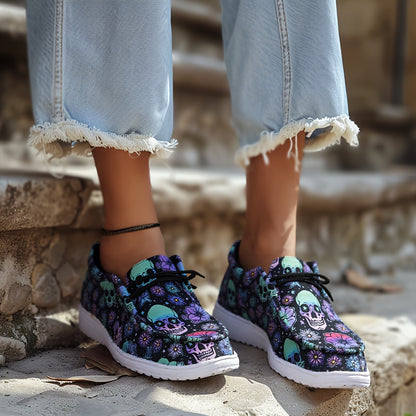 Women's Skull & Floral Print Slip-On Loafers - Lightweight Casual Shoes with Round Toe, Easy On/Off Design, Breathable Fabric & EVA Sole for All-Season Wear, Skull Shoes, Leisure Footwear, Unique Pattern Footwear, Flexible Fo