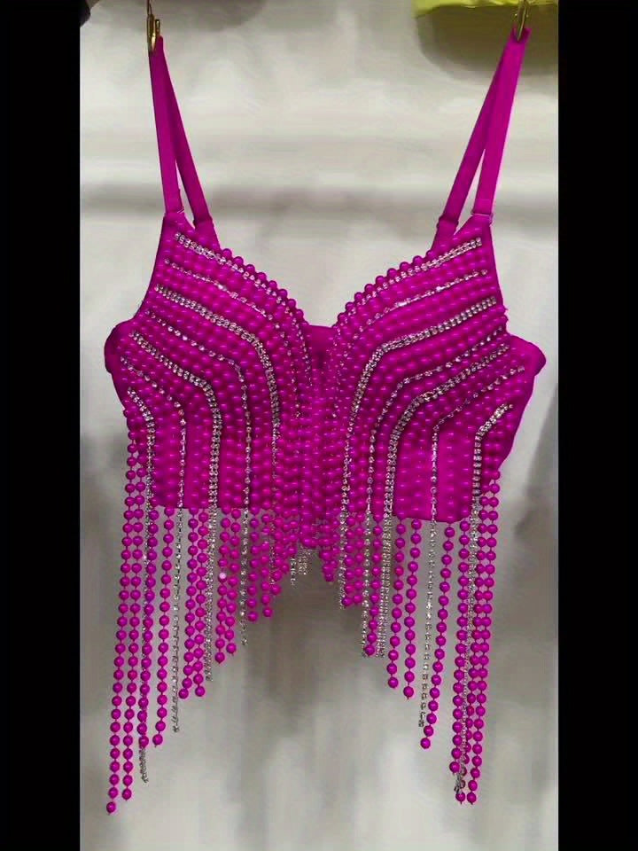 Sexy Fishbone Corset Top with Pearl Embellishments & Tassel Details - Vibrant Pink Stretchy Spaghetti Strap Bustier for Nightclub, Concert, Festival - Versatile All-Season Women's Fashion, Concert Attire, Elegant Style, Styli