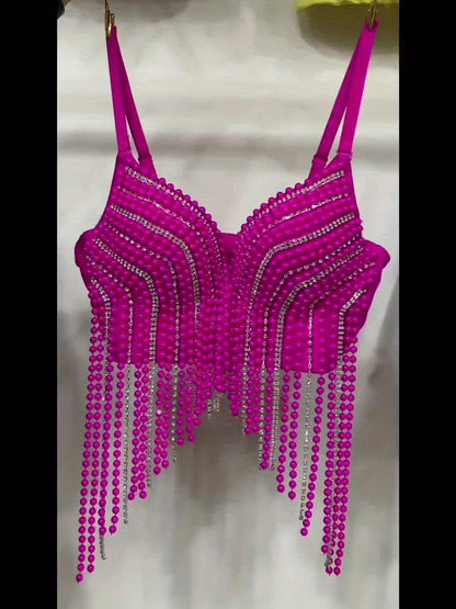 Sexy Fishbone Corset Top with Pearl Embellishments & Tassel Details - Vibrant Pink Stretchy Spaghetti Strap Bustier for Nightclub, Concert, Festival - Versatile All-Season Women's Fashion, Concert Attire, Elegant Style, Styli