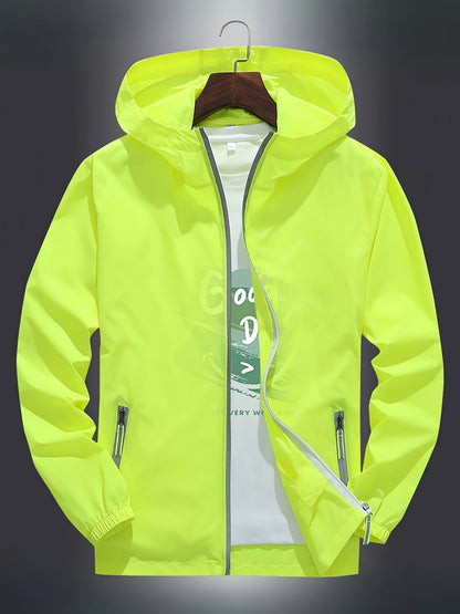 Men's Zip-Up Hooded Jacket - Breathable Reflective Outerwear for Gym, Cycling, Hiking & Beach Use - Lightweight Spring/Summer/Autumn Outdoor Wear with Zippered Storage Design. High-Quality Unisex Hoodie Perfect for Water Spor