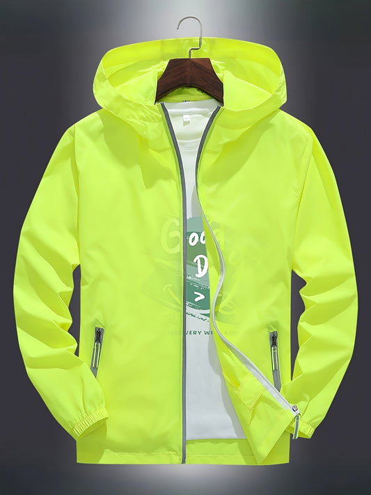 Men's Zip-Up Hooded Jacket - Breathable Reflective Outerwear for Gym, Cycling, Hiking & Beach Use - Lightweight Spring/Summer/Autumn Outdoor Wear with Zippered Storage Design. High-Quality Unisex Hoodie Perfect for Water Spor