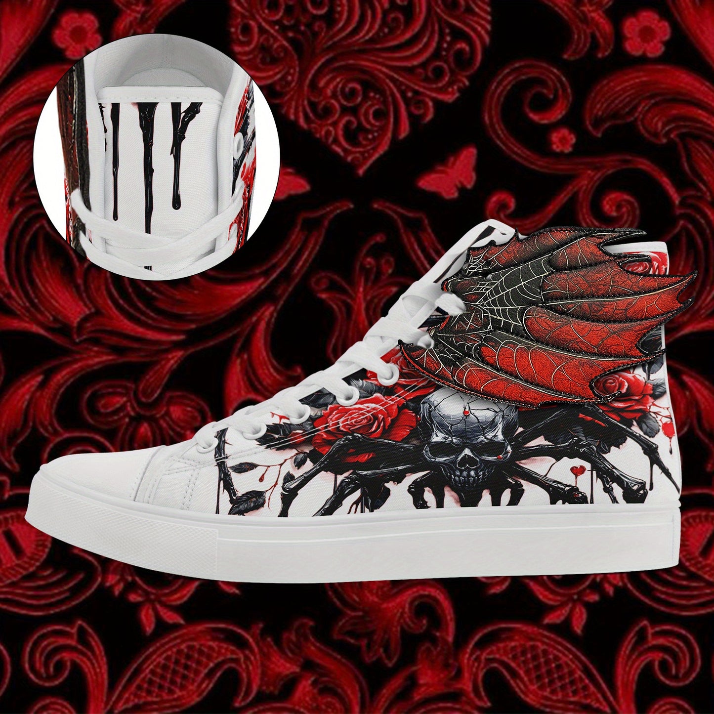 [Gothic Punk Sneakers] Gothic Punk Sneakers for Men - High-Top Shoes with 3D Red Flame Skull & Wing Design | Lace-Up Closure for Halloween, Gothic Parties, Everyday Streetwear | All-Season Comfortable, Casual Sport, Horror Ae