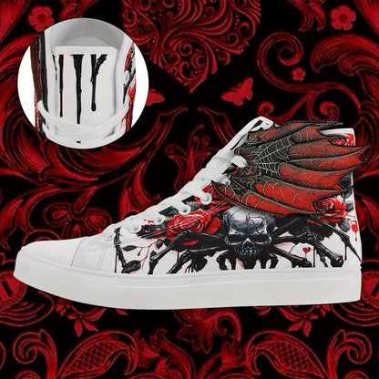 [Gothic Punk Sneakers] Gothic Punk Sneakers for Men - High-Top Shoes with 3D Red Flame Skull & Wing Design | Lace-Up Closure for Halloween, Gothic Parties, Everyday Streetwear | All-Season Comfortable, Casual Sport, Horror Ae