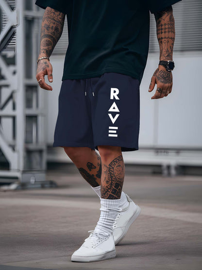 R V New Men's Summer Casual Shorts with RAVE Letter Print - Light Grey Regular Fit Outdoor Sports & Beach Vacation Shorts, American Fashion Trendy Lightweight Comfortable Design, Beach Vacation Apparel | Fashionable Casualwea