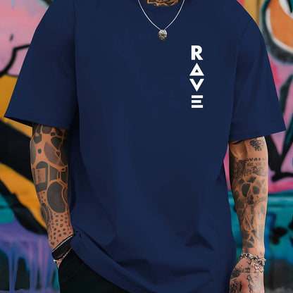 R V Men's Short Sleeve T-Shirt - Vibrant Yellow with Bold RAVE Graphic Print, Breathable Round Neck Casual Top for Summer Beach Resorts & Outdoor Activities