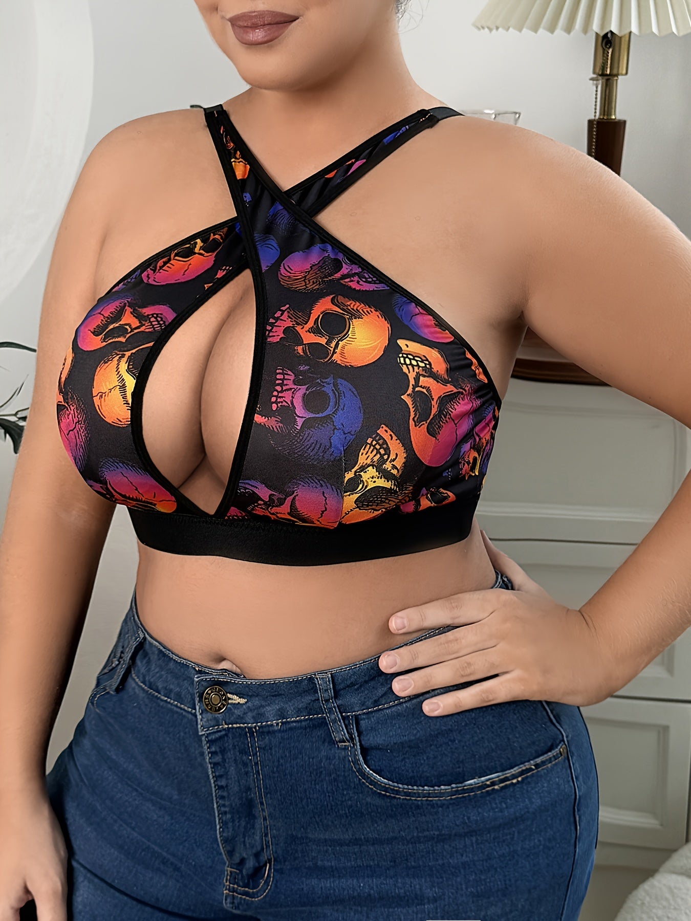 Women's Plus Halloween Gothic Bra, Plus Size Skull Print Cut-out Cross Halter Bralette