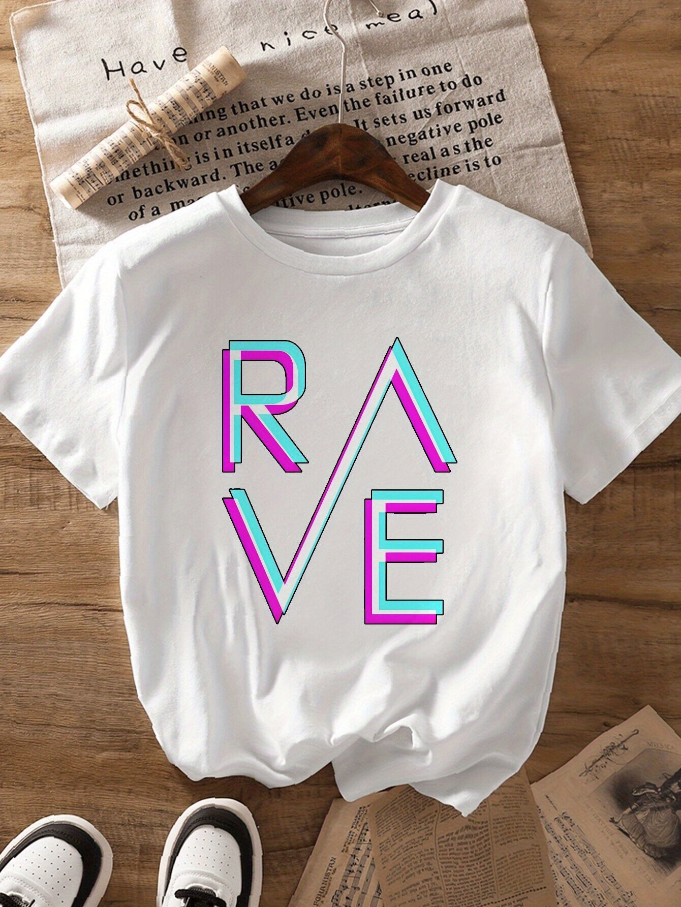 Women's Slim Fit RAVE Graphic T-Shirt - White Casual Short Sleeve Round Neck Polyester Top with Vibrant Pink & Blue Lettering, Machine Washable for Casual Attire & Parties, Party Outfit, Modern Aesthetic, Smooth Texture