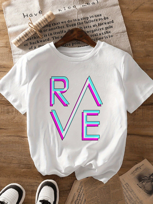 Women's Slim Fit RAVE Graphic T-Shirt - White Casual Short Sleeve Round Neck Polyester Top with Vibrant Pink & Blue Lettering, Machine Washable for Casual Attire & Parties, Party Outfit, Modern Aesthetic, Smooth Texture
