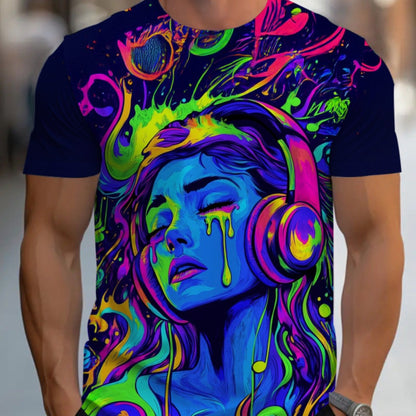 Men'S Vibrant Neon Art T-Shirt - Psychedelic Woman with Headphones Graphic, Colorful Swirl Design, Casual Crew Neck, Perfect for Festivals & Parties, Festival Clothing | Psychedelic Graphic Tee | Stretchy Fabric