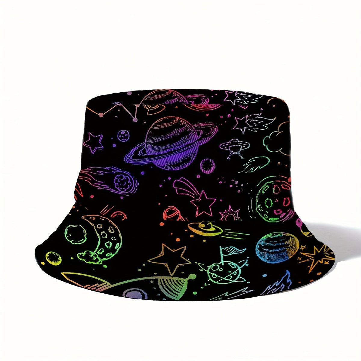 Single Pack Funky Style Unisex Bucket Hat, Polyester 100% Non-Stretch Woven Fabric, with Galaxy Print, Hand Washable