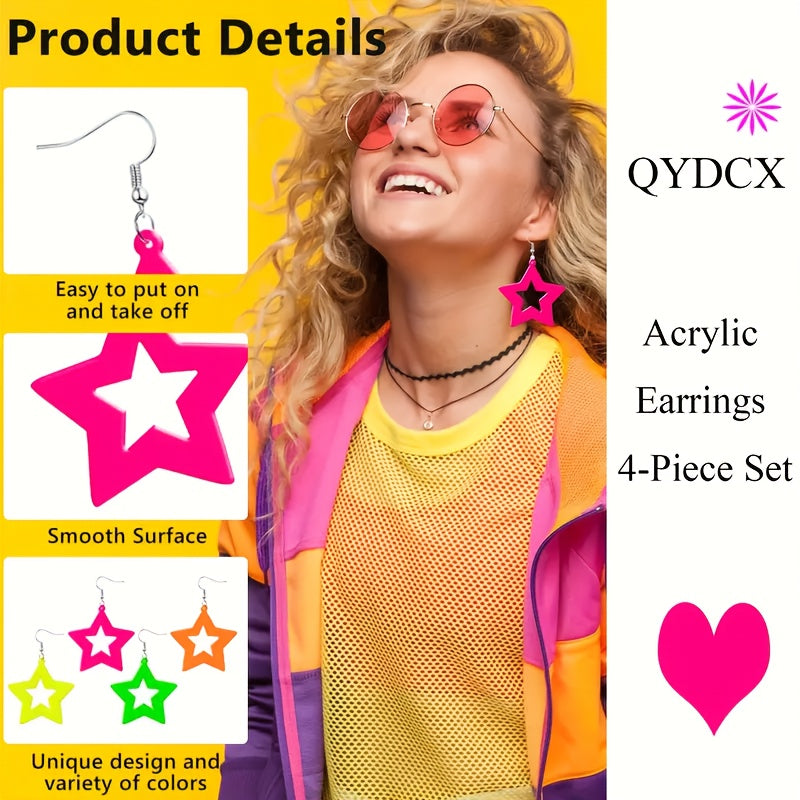 1/4 pair of neon star earrings made of acrylic material, with bright pink, orange, yellow, and green colors as perfect party gifts to express your sincere emotions. Party earrings with bright colors, hanging earrings design,