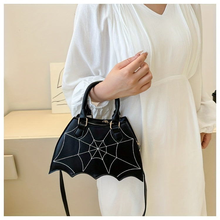 Halloween Women'S Bat Wing Spider Web Handbag - Lightweight Synthetic Faux Leather Tote with Geometric Spider Web Design, Zipper Closure & Detachable Strap, Gothic Style for Daily Use or Party Outfits, Durable Polyester Linin