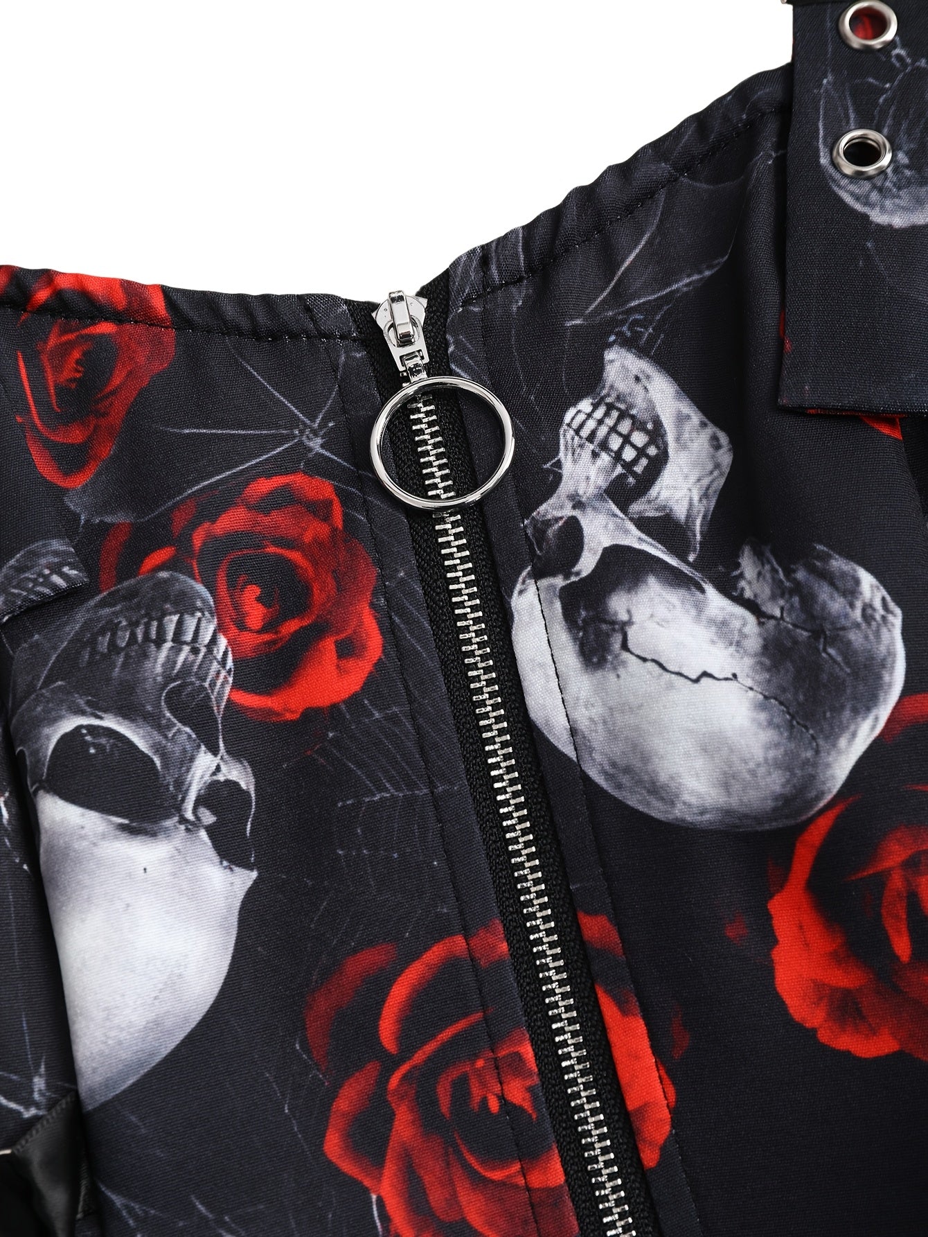 Women'S Gothic Rose Print Midi Dress with Back Zipper and Corset Detail - Casual Sleeveless A-Line Skirt, Black with White Floral Pattern, Elegant Halloween Attire