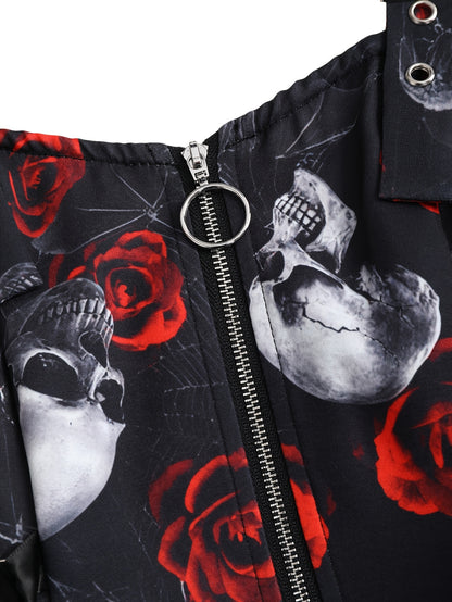 Women'S Gothic Rose Print Midi Dress with Back Zipper and Corset Detail - Casual Sleeveless A-Line Skirt, Black with White Floral Pattern, Elegant Halloween Attire