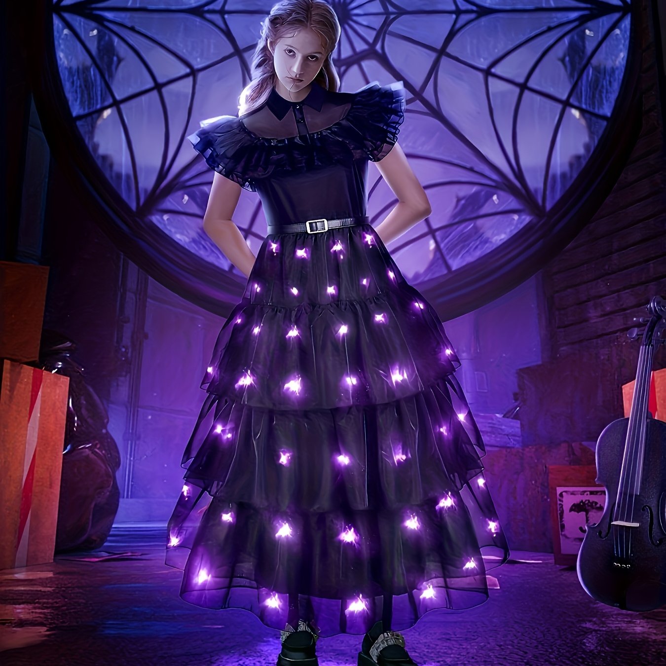 UPORPOR Gothic Mesh LED Dress - Black Tiered Gothic Party Dress with Purple LED Lights, Short Sleeve, Crew Neck, Non-Stretch Fabric, Halloween (Battery Not Included), Halloween | Layered Fashion | Mesh Fabric