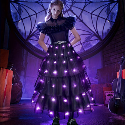 UPORPOR Gothic Mesh LED Dress - Black Tiered Gothic Party Dress with Purple LED Lights, Short Sleeve, Crew Neck, Non-Stretch Fabric, Halloween (Battery Not Included), Halloween | Layered Fashion | Mesh Fabric