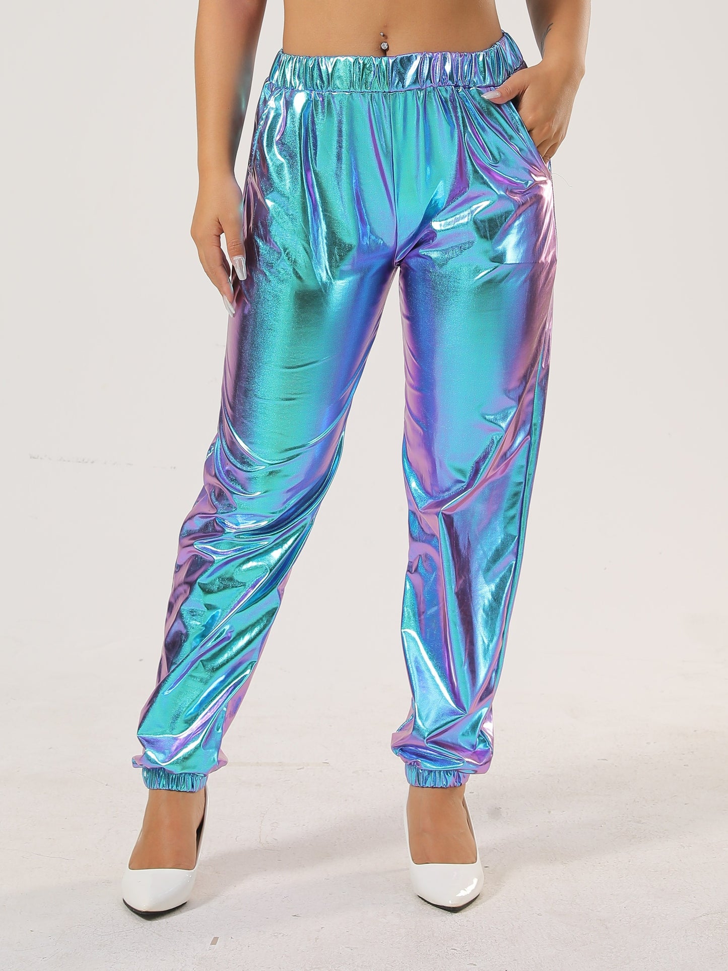 Women's Vibrant Purple Casual Tapered Leggings with Elastic Waistband & Side Pockets - Medium-Stretch All-Season Comfort for Lounge, Workouts & Casual Attire, Leggings, Lounge Wear, Fashionable Jogger Style, Medium Elasticity