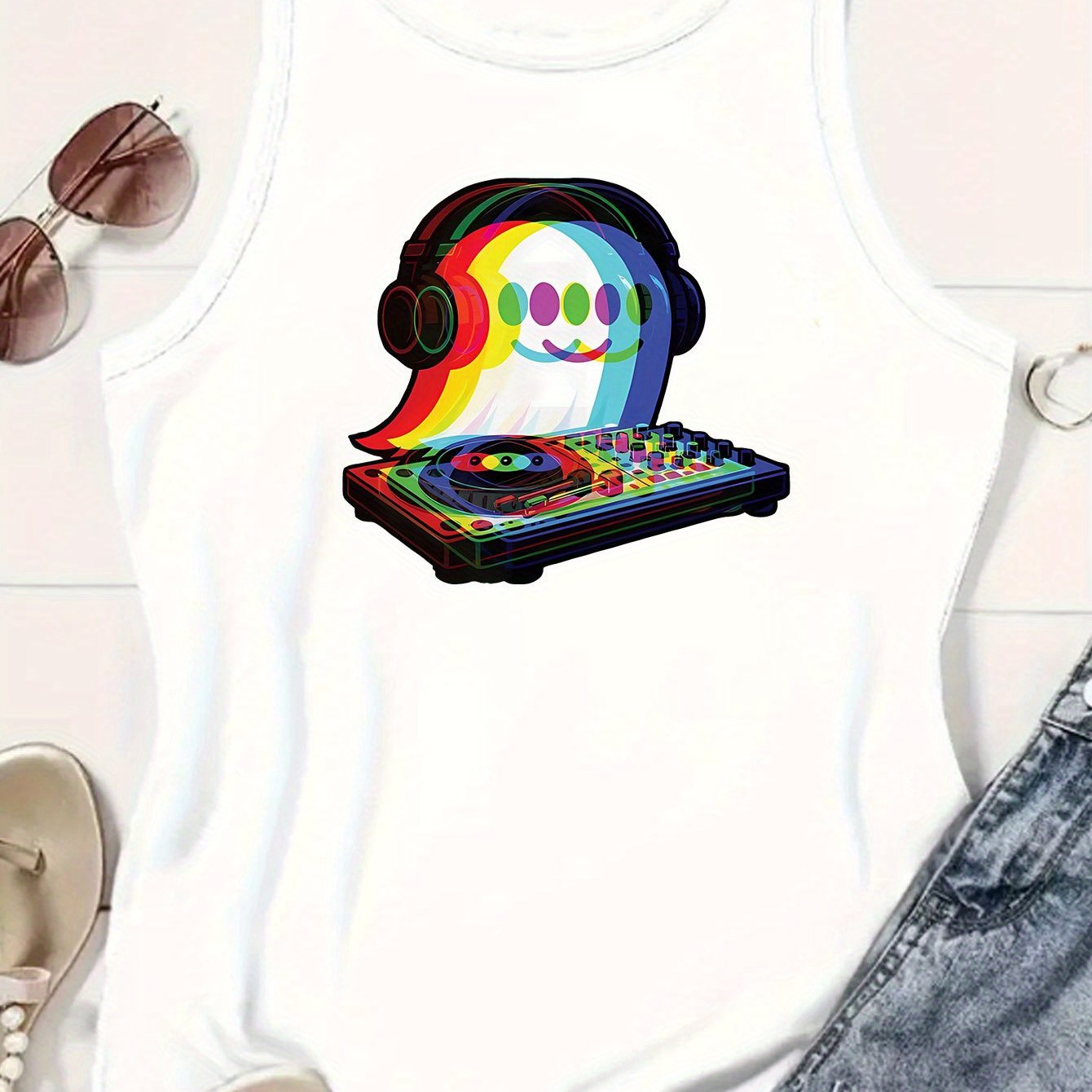 Women's Casual Sleeveless Tank Top with DJ Music Graphic Print - EDM Rave-Inspired Acid House & Psychedelic Pop Design, Stretchy Comfort Fit, Machine Washable for Clubbing, Festivals & Casual Attire, Ladies Tank Tops, Festiva