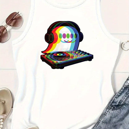 Women's Casual Sleeveless Tank Top with DJ Music Graphic Print - EDM Rave-Inspired Acid House & Psychedelic Pop Design, Stretchy Comfort Fit, Machine Washable for Clubbing, Festivals & Casual Attire, Ladies Tank Tops, Festiva