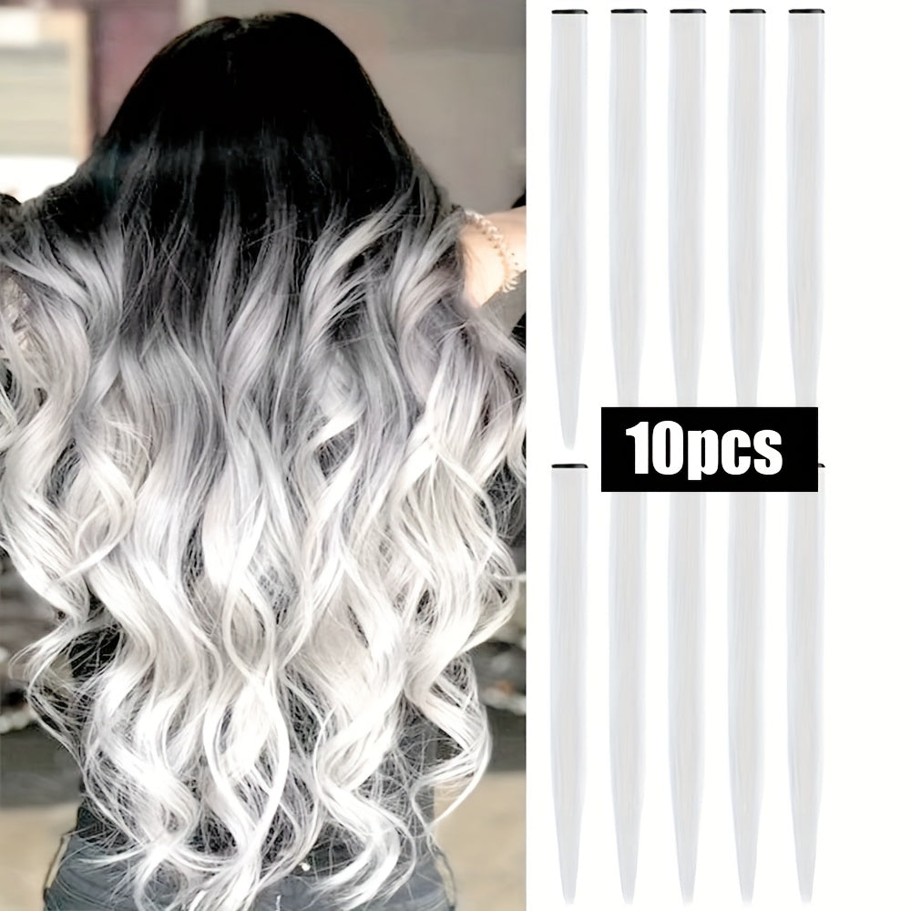 10pcs Glowing Clip-In Synthetic Hair Extensions 20-Inch Colorful Neon Glow-in-the-Dark Wigs, Easy-to-Wear Clip Design, Smooth Soft Texture, Women'S Daily Fashion Accessory for Halloween New Year Parties
