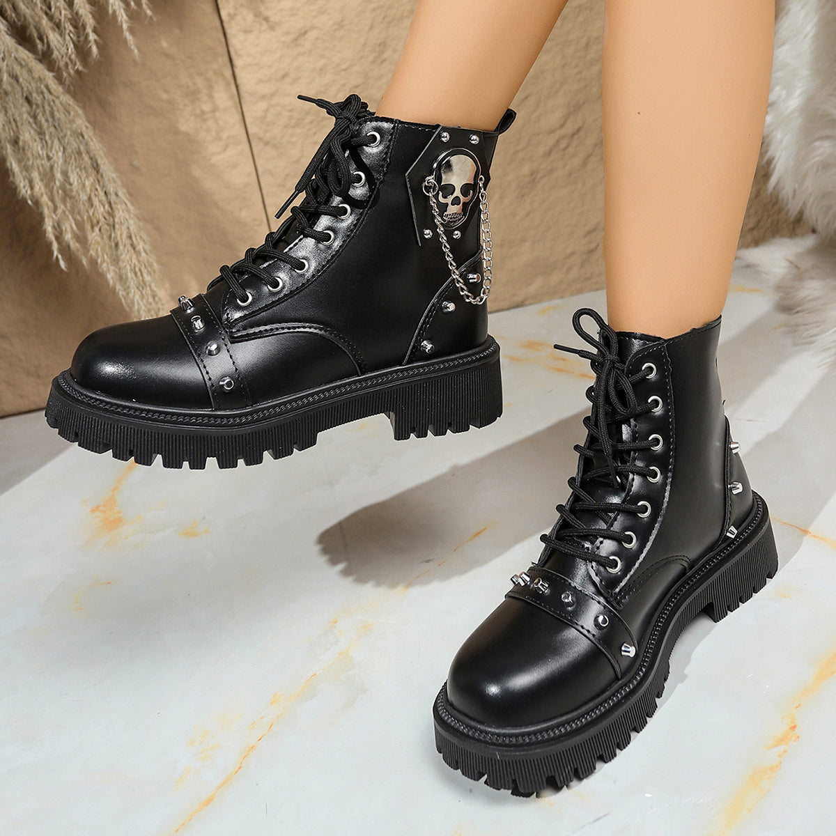 [Gothic Chunky Platform Boots] Women's Chunky Platform Boots - Gothic Lace-Up Ankle Boots with Thick Platform Sole, PU Synthetic Cover Upper, Round Toe for Edgy Streetwear, Concerts, Everyday - Non-Slip Rubber Outsole - Easy-