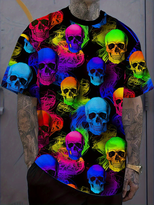 [Bold Skull Print T-Shirt] Men's Casual Short Sleeve T-Shirt - 100% Polyester, 3D Gradient Skull Print, Regular Fit, Machine Washable, Summer Outdoor & Street Fashion, Bold Pattern, Lightweight Fabric, Trendy Look for Young A