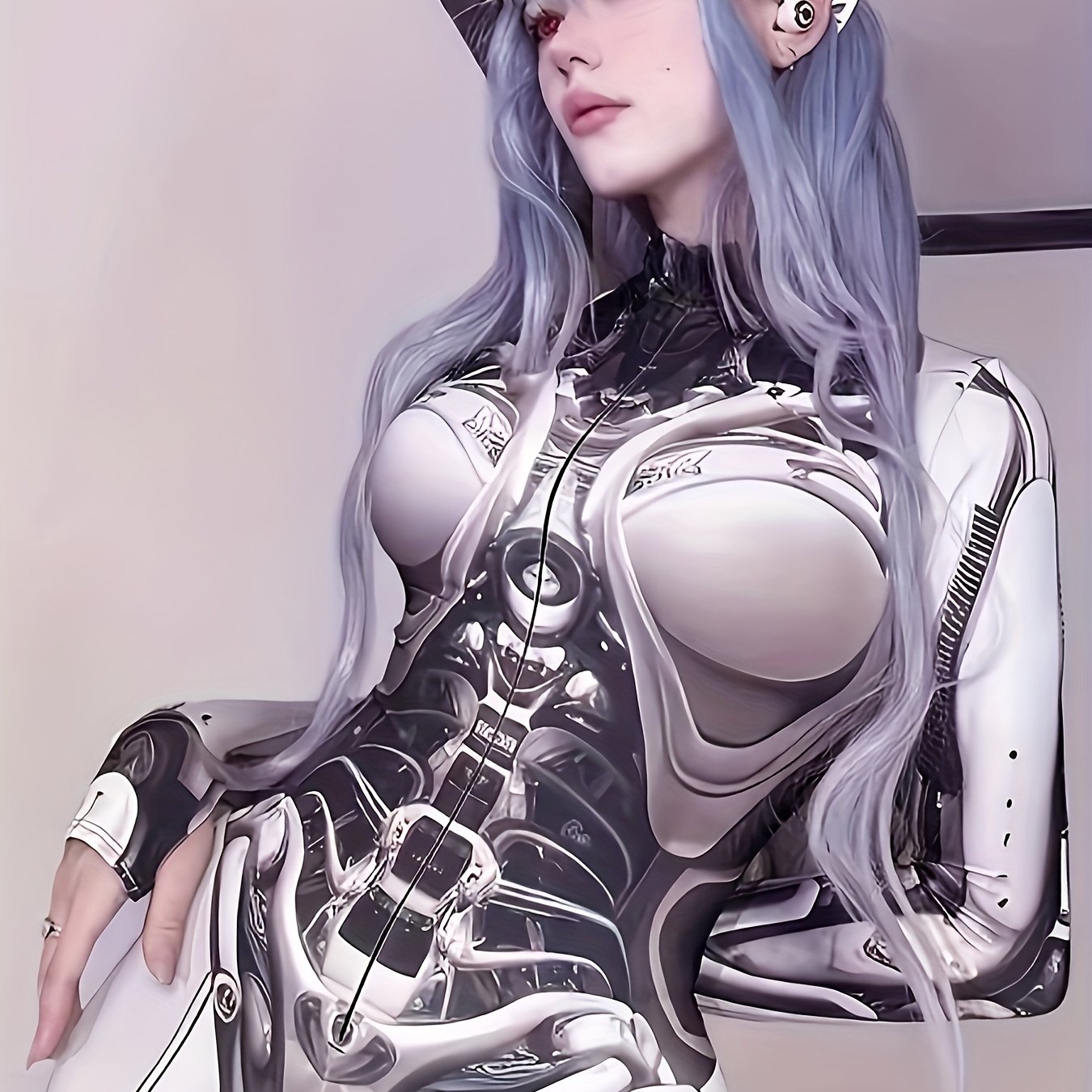 Women's 3D Mechanical Punk Style Robot Skull Print Halloween Jumpsuit Zippered Bodycon Sexy Bodysuit Cosplay Set Elastic Long Sleeve Party Holiday Outfit