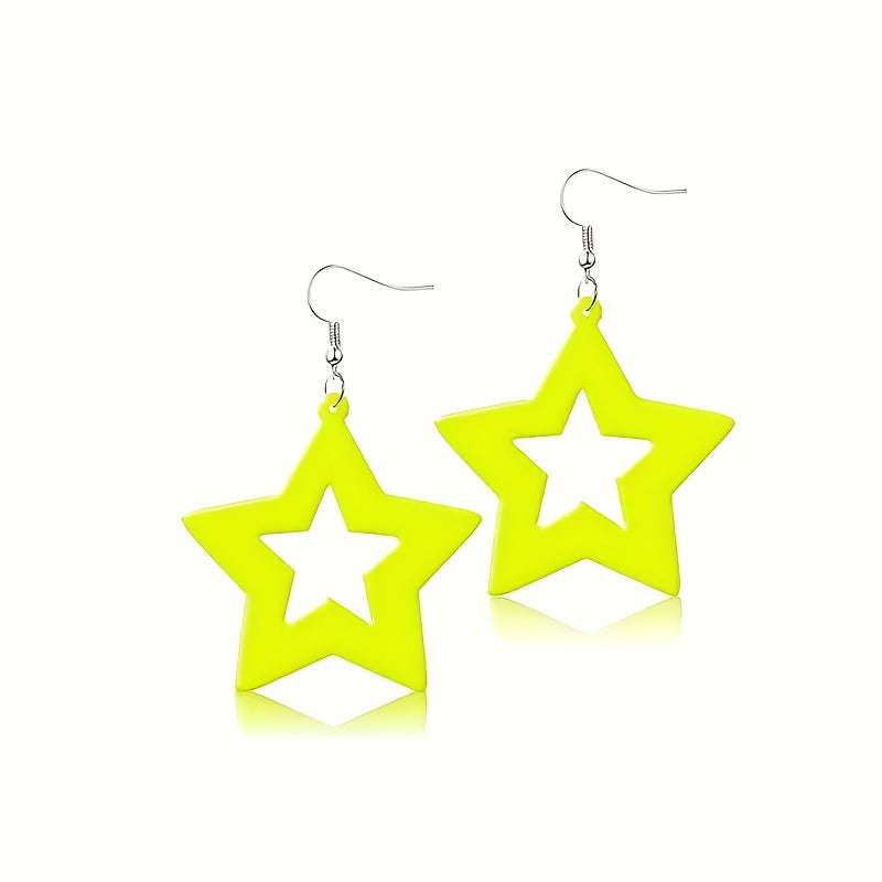 1/4 pair of neon star earrings made of acrylic material, with bright pink, orange, yellow, and green colors as perfect party gifts to express your sincere emotions. Party earrings with bright colors, hanging earrings design,