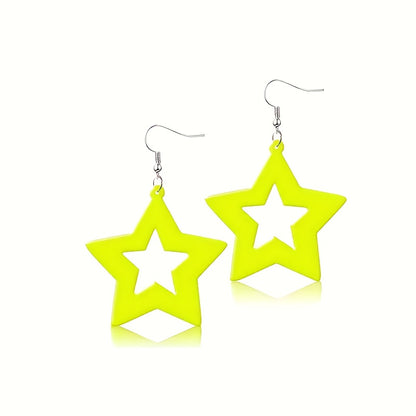 1/4 pair of neon star earrings made of acrylic material, with bright pink, orange, yellow, and green colors as perfect party gifts to express your sincere emotions. Party earrings with bright colors, hanging earrings design,