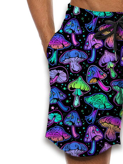 Men's Retro Neon Mushroom 3D Print Casual Athletic Shorts - Vibrant Psychedelic Design, Drawstring Waist, Comfortable for Basketball & Streetwear
