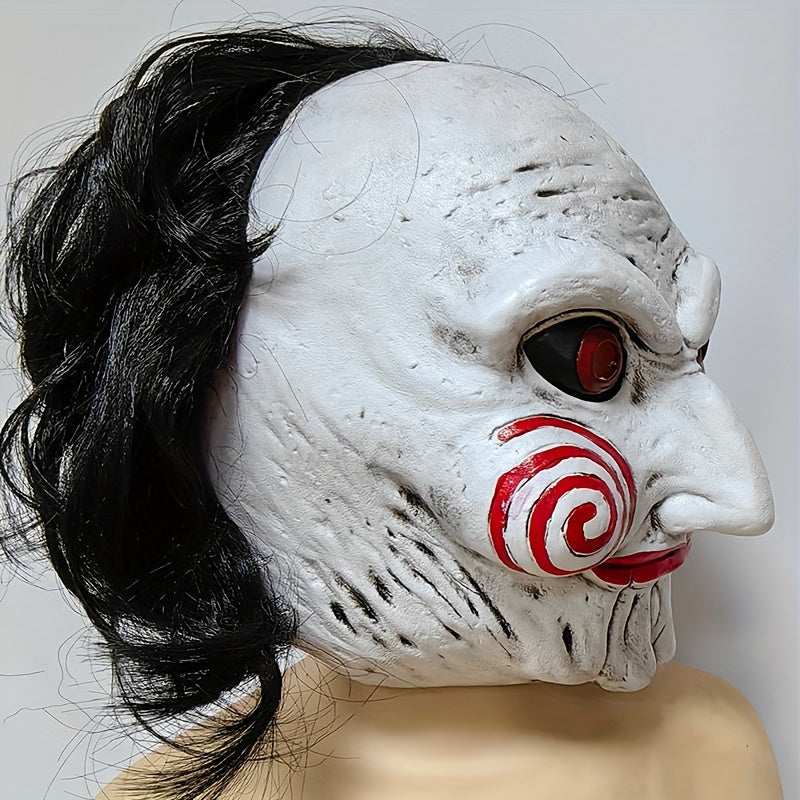 1pc Halloween Spooky Latex Head Mask, Performance Props, Holiday Party Decoration Props, Party Halloween Costume Latex Horror Clown Saw Mask, Horrifying The Puppet Mask