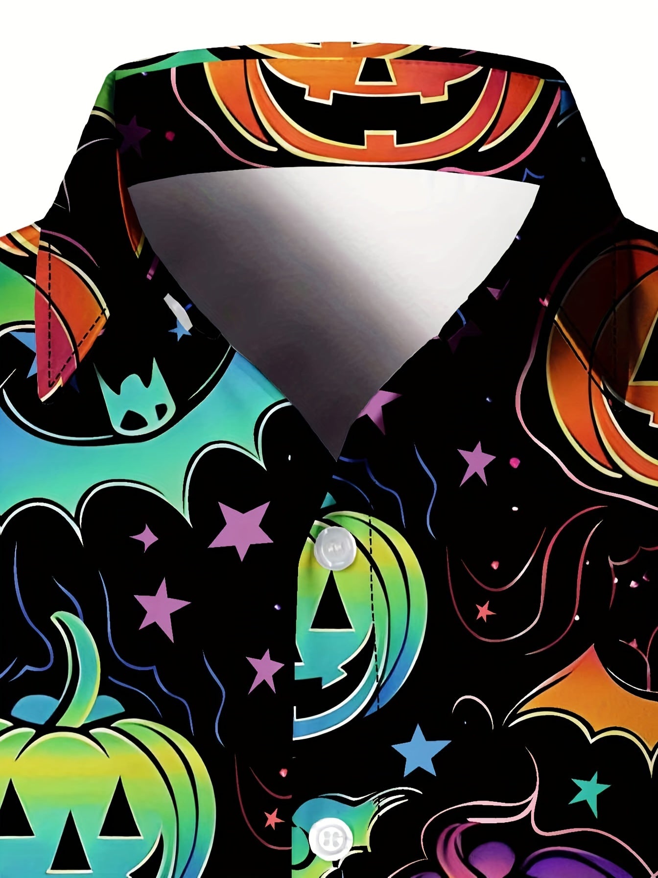 [Festive Halloween Shirt] Polyester Men's Festive Long Sleeve Shirt - Vibrant Halloween-Themed Pumpkin & Bat Print, Button-Up with Chest Pocket, Ideal for Fall/Winter Celebrations, Halloween Decorations