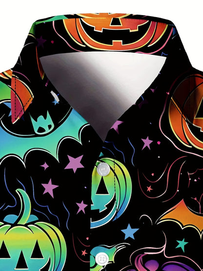 [Festive Halloween Shirt] Polyester Men's Festive Long Sleeve Shirt - Vibrant Halloween-Themed Pumpkin & Bat Print, Button-Up with Chest Pocket, Ideal for Fall/Winter Celebrations, Halloween Decorations