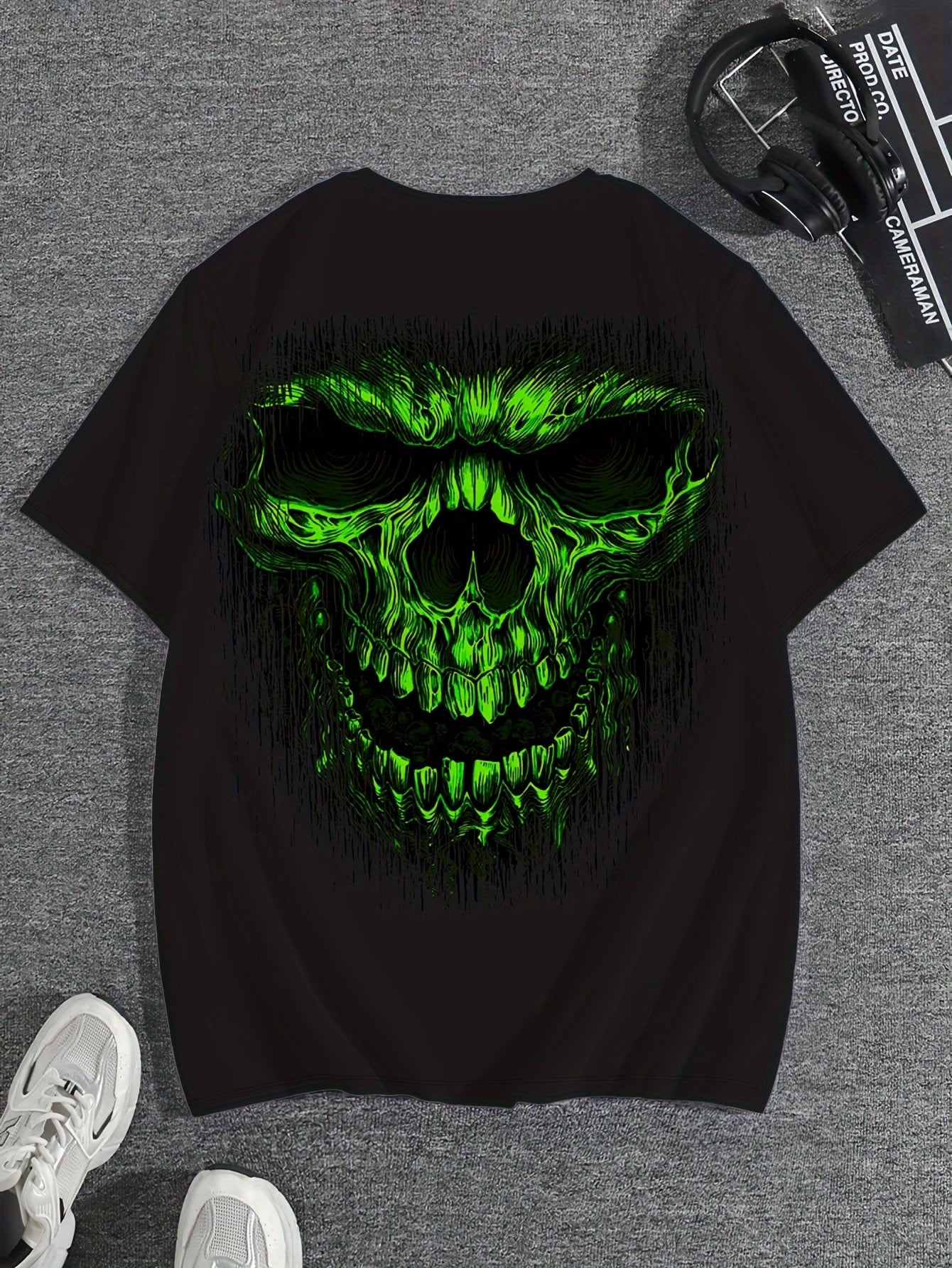 Men's Graphic T-Shirt - Bold Neon Green Skull Print Tee, Heavy-Duty 100% Polyester Shirt for Everyday & Halloween Outfits, Machine Washable Big & Tall Sizes Available - Edgy Streetwear Essential, Casual Wear, Round Neckline T