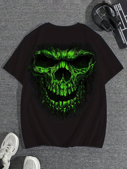 Men's Graphic T-Shirt - Bold Neon Green Skull Print Tee, Heavy-Duty 100% Polyester Shirt for Everyday & Halloween Outfits, Machine Washable Big & Tall Sizes Available - Edgy Streetwear Essential, Casual Wear, Round Neckline T
