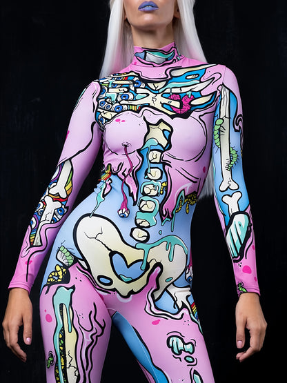 Women's Cute Spooky Skull 3D Print Gothic Halloween Costume Bodysuit for Carnival Holiday Party Cosplay