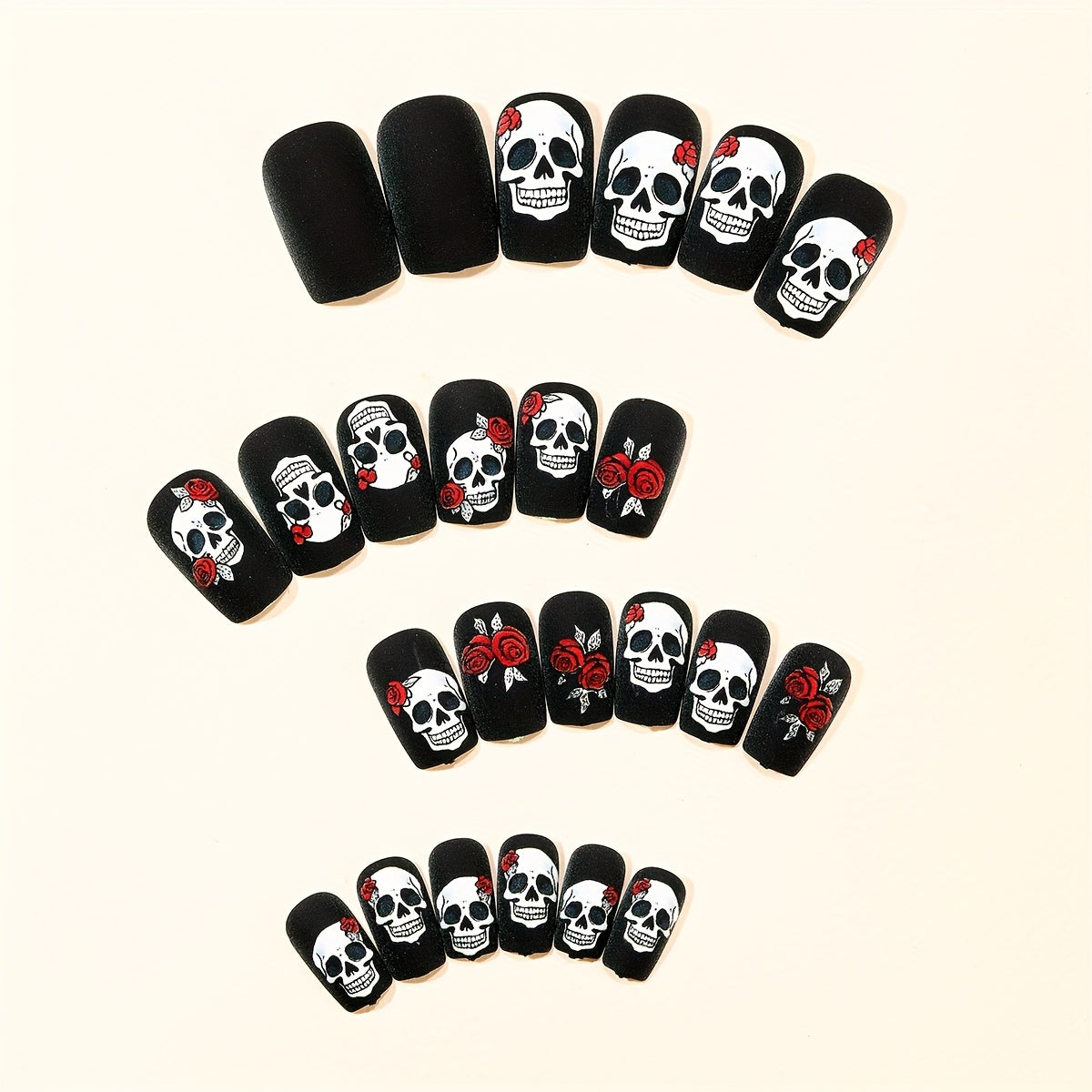 [Halloween Nails] 24pcs Halloween Nails | Black Matte Rose Skull Print Design, Full Coverage Press False Nails for Women's Holiday Party Nail Art Decoration