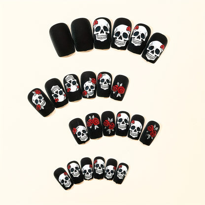 [Halloween Nails] 24pcs Halloween Nails | Black Matte Rose Skull Print Design, Full Coverage Press False Nails for Women's Holiday Party Nail Art Decoration