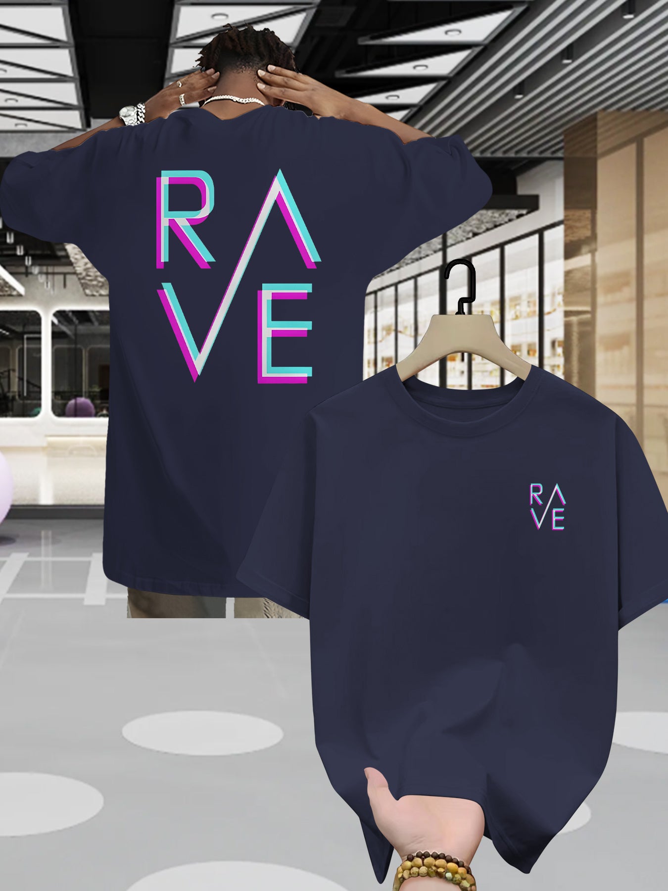 Men'S Summer Casual RAVE Graphic T-Shirt - Black with Pink & White Neon Print, Short Sleeve, Round Neck, Lightweight Polyester Blend, Perfect for Casual Attire, Everyday Tshirt | Round Neck Shirt | Comfortable Fit