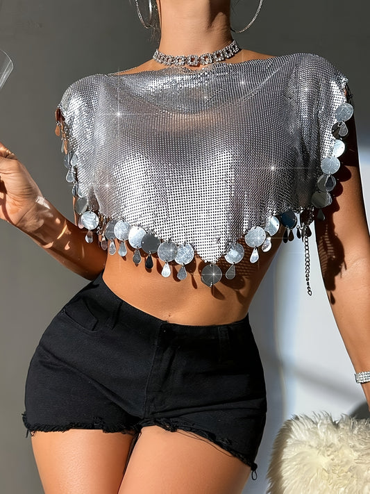 Elegant Sequin Off-the-Shoulder Top with Metallic Chain Detail - Sexy Backless Design for Women, Perfect for Parties and Casual Outfits, Party Wear | Glamorous Look | Decorative Chains