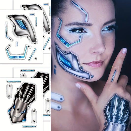[Waterproof Temporary Tattoos] FTVLTAT 4pcs Waterproof Mechanical Arm Face Stickers | Long-Lasting Temporary Tattoos for Legs, Ankle & Arms, Body Art Decoration for Halloween, Birthday Parties & Festivals, Festival Accessorie