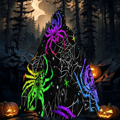 1pc Neon Glow-in-the-Dark Spider Print Witch's Robe - Norse Mythology Costume with Neon Web Design, Unisex Adult Hooded Cloak for Halloween Cosplay, Themed Parties & Costume Events (Hand Wash Only) - Multicolor Neon Colors (G