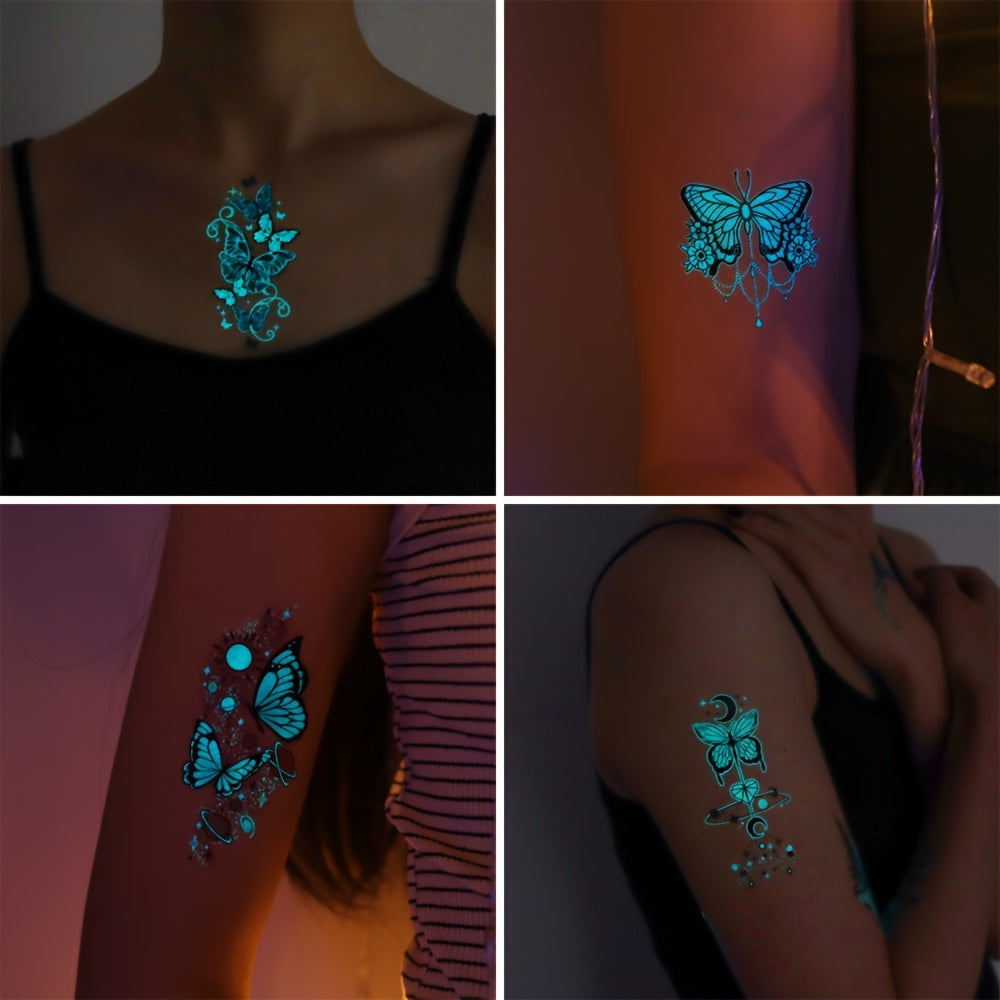12 Sheets Luminous Glow in the Dark Temporary Tattoos - Waterproof Fake Tattoo Stickers with Butterfly & Floral Designs, Neon Blue Glow for Nightclub, Festival, Party Decoration, Festival Body Art | Mystical Design Elements |