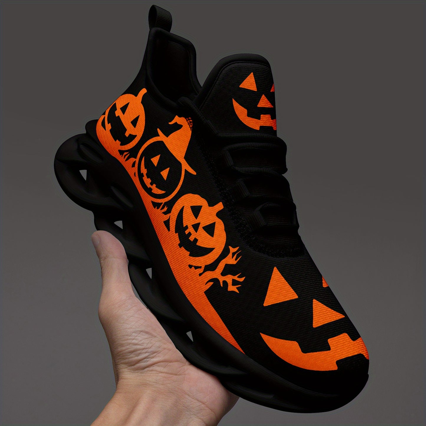 [Halloween Sneakers] Women's Halloween Sneakers - Orange Pumpkin Jack-o'-Lanterns, Lace-Up Trick Treat Shoes, Plus Size Available - All-Season Casual Shoes for Halloween Parties, Casual Attire & Costume Outfits - Lightweight